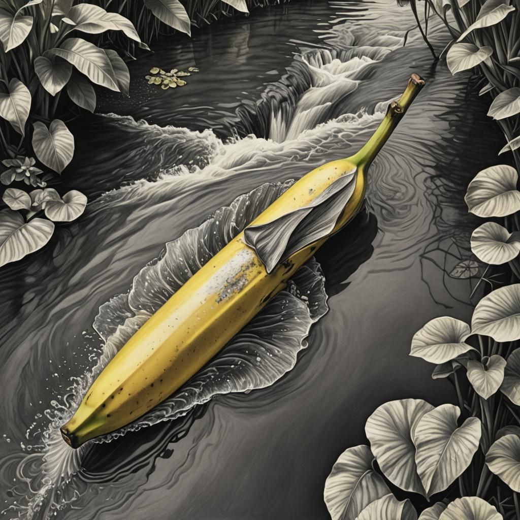 Banana Boat on River: Hyperdetailed Charcoal Drawing