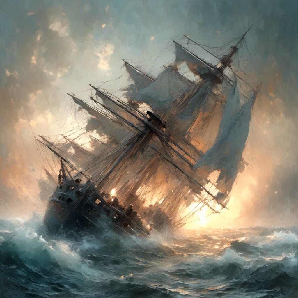 Battered Sailing Ship in Stormy Seas: Digital Art