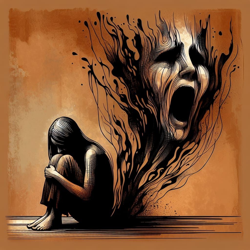 Melancholic Woman Weeping, Ink and Watercolor Art