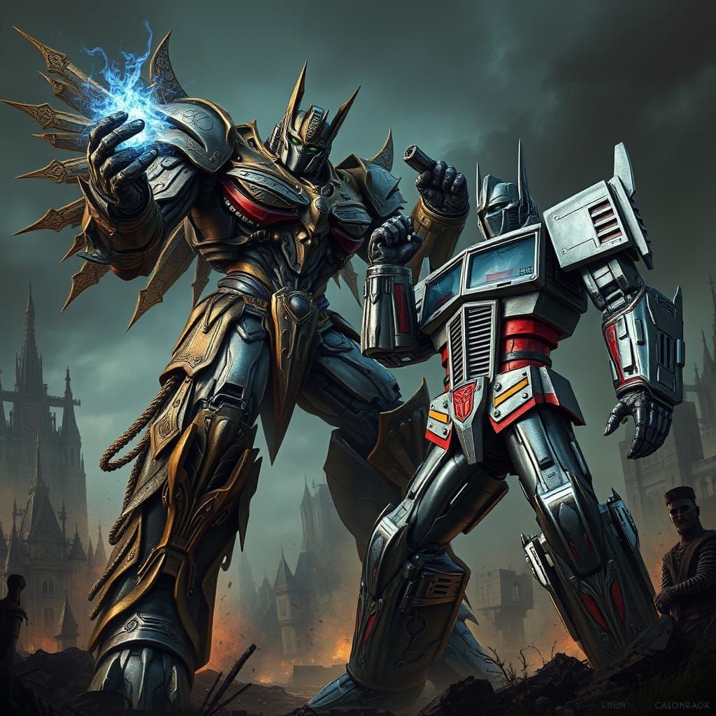 Cybertronian Knights Clash in a Haunting Gothic Hellscape