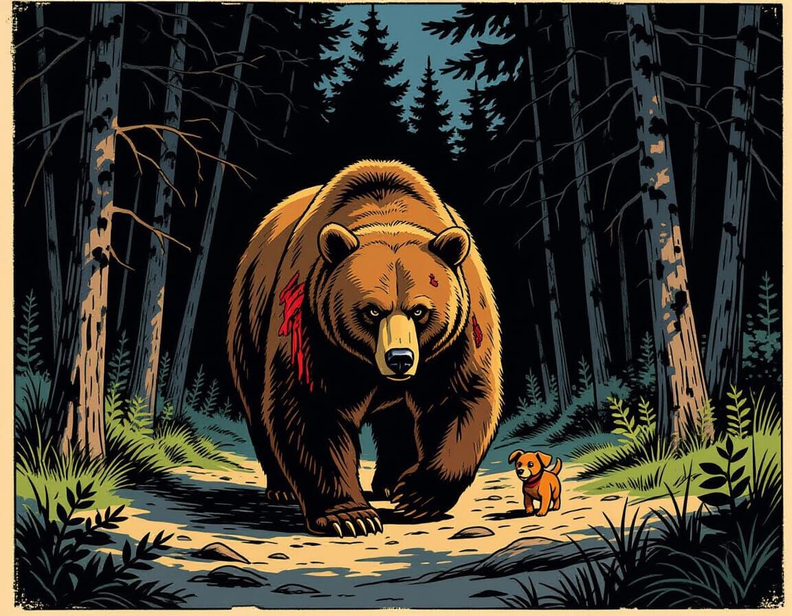 Bear Protects Dog in Dramatic Twilight Woods