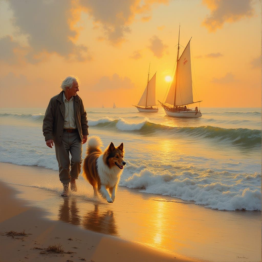 Elderly Gentleman Walks His Majestic Collie at Sunset in Coa...