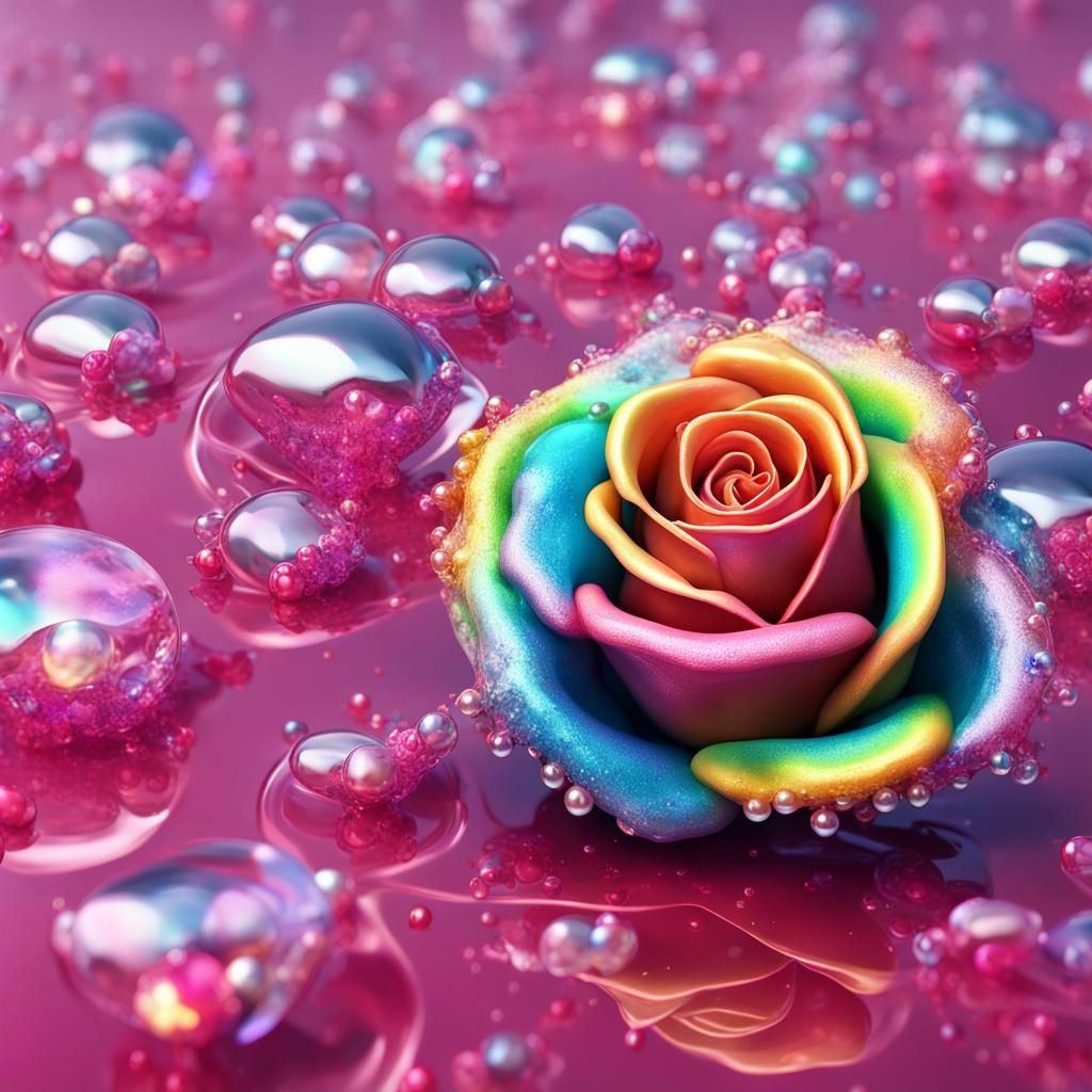 Rainbow Colors Melt on Crystal Rose: 3D Digital Art