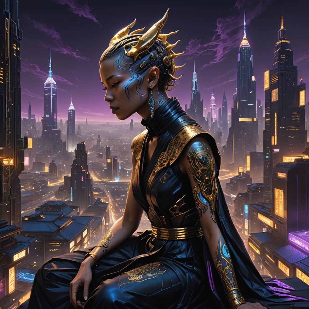 Cyberpunk Monk Meditating in Futuristic Cityscape