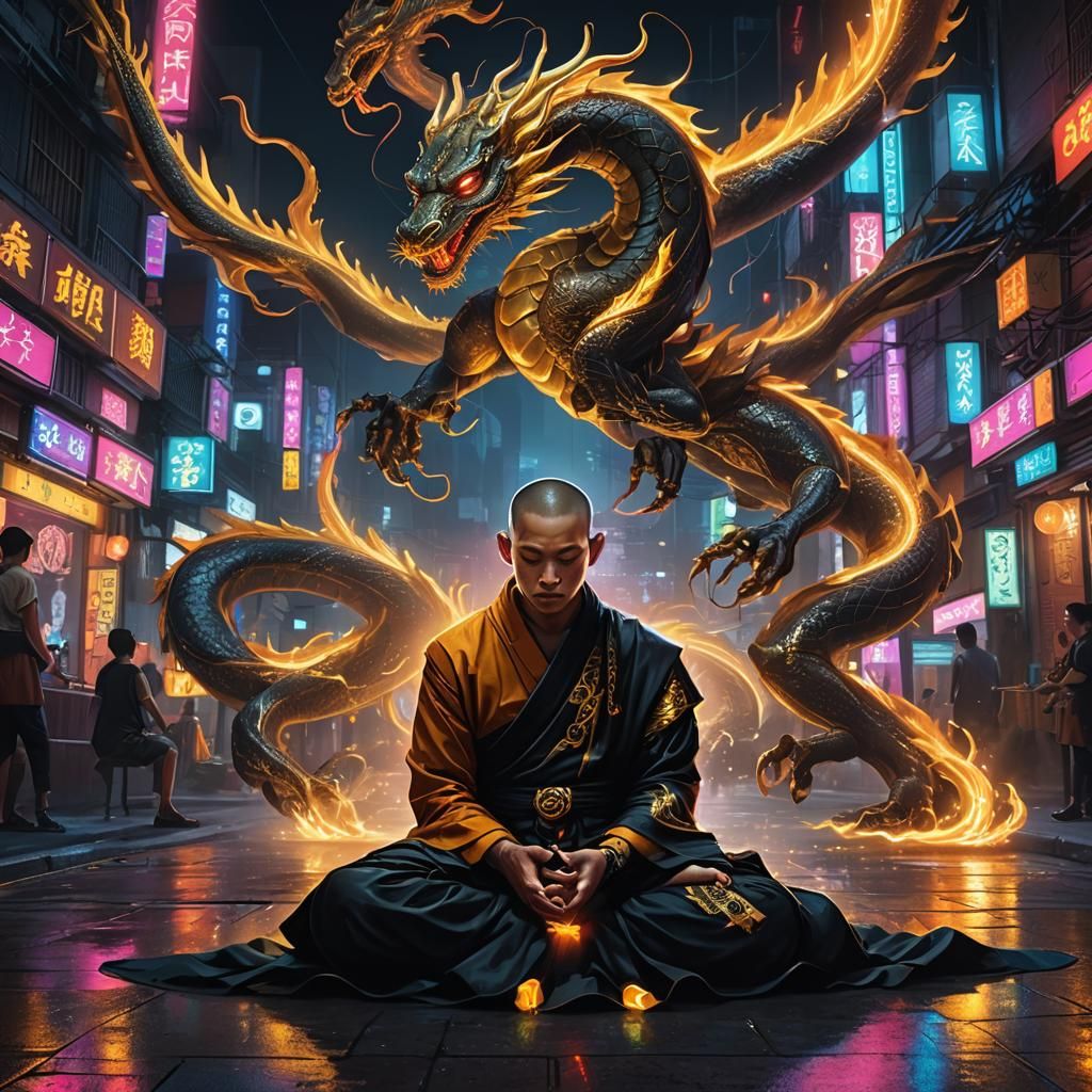 Cyberpunk Monk Meditation in Neon Cityscape