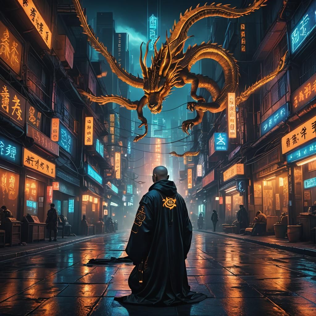 Cyberpunk Monk Meditating in High-Tech City