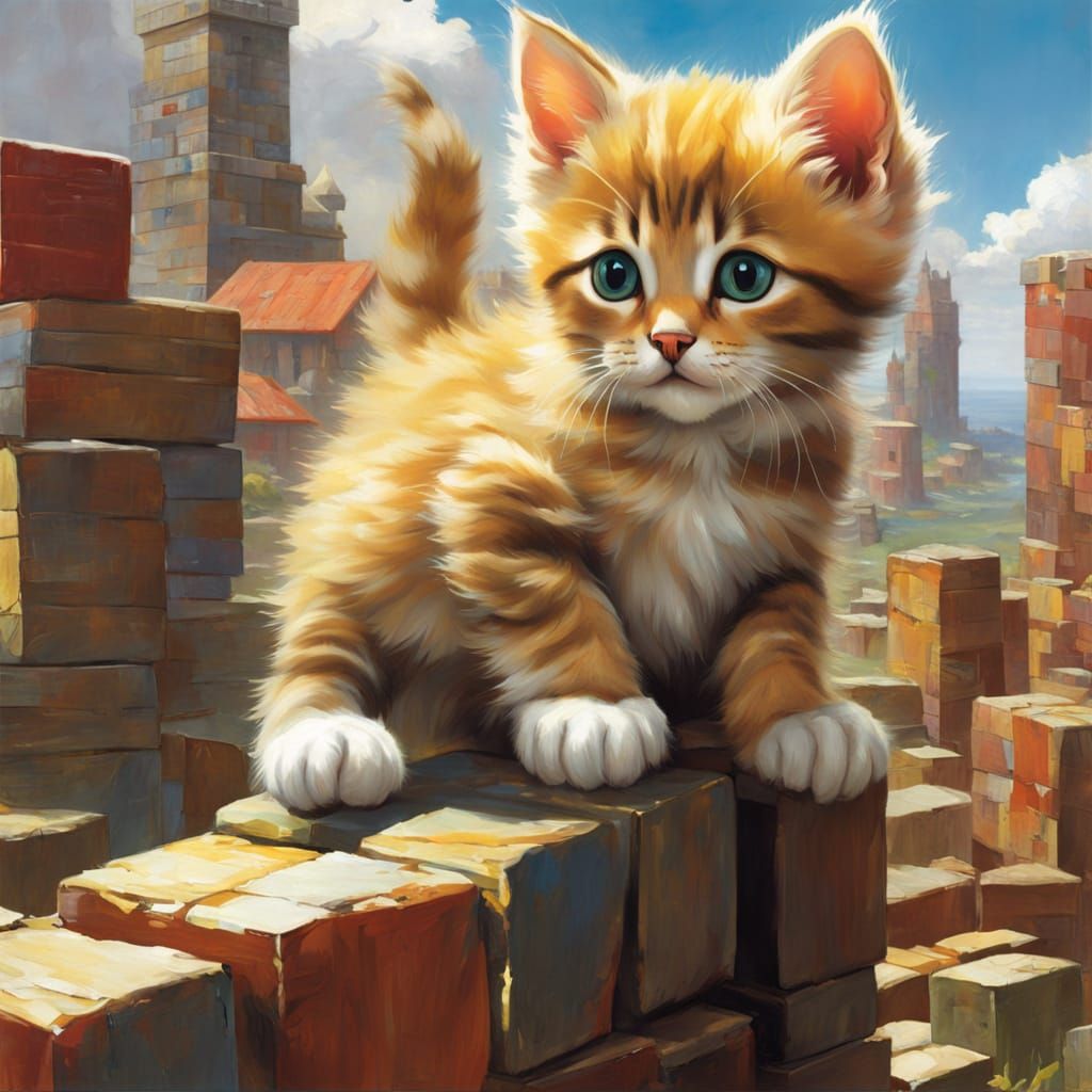 Kitten Ascends Vibrant Block Towers in Anime-Inspired Style