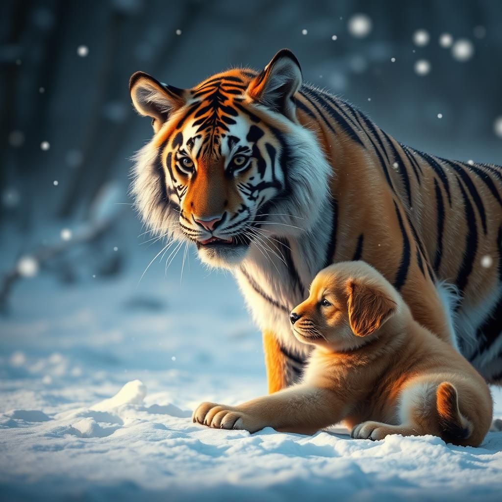 Tiger and Puppy Play in Snowy Landscape