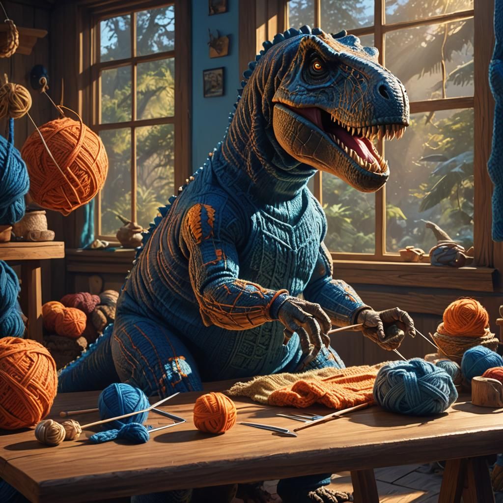 T-Rex Knitting a Sweater: Fantasy Concept Art