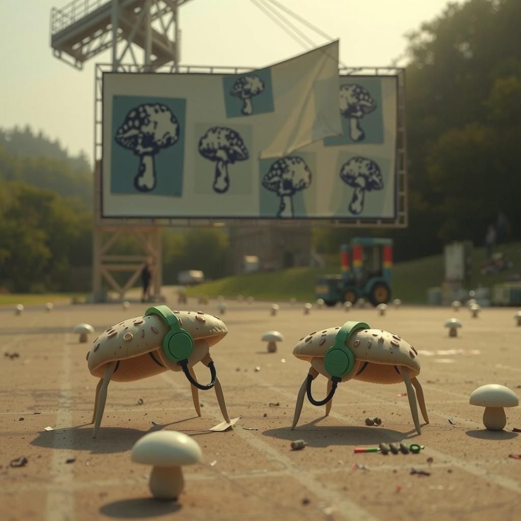 Surreal Mushroom Bureaucrats in Organic Industrial Landscape