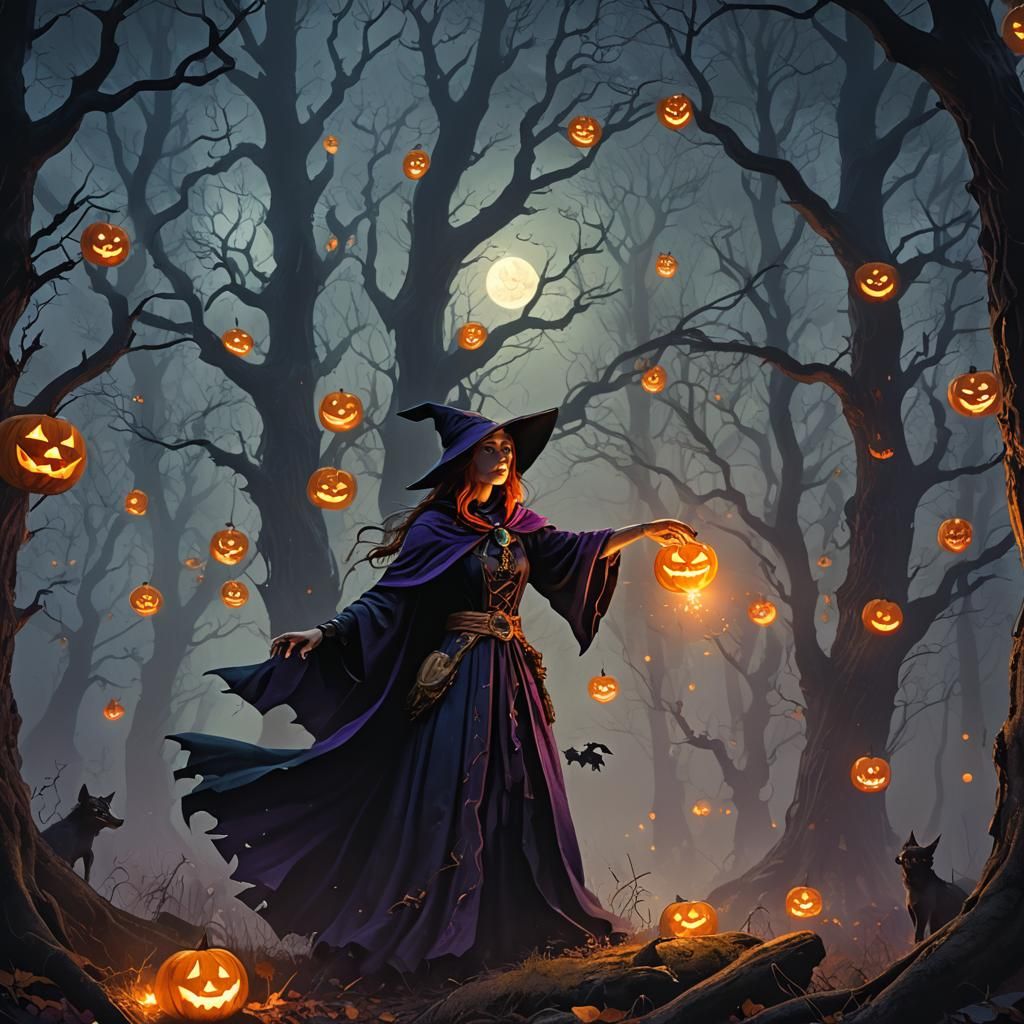 Witch Summons Magic in Spooky Halloween Forest