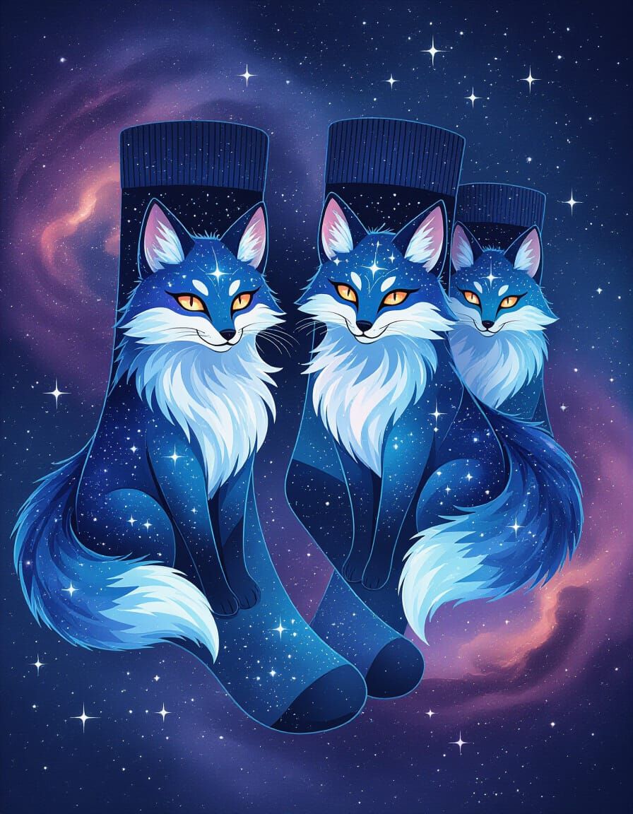 Cosmic Kitsune Socks with Stardust Fur and Nebula Background