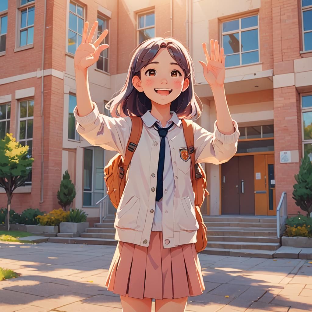 Cartoon Girl Waving in Front of School in Anime Style