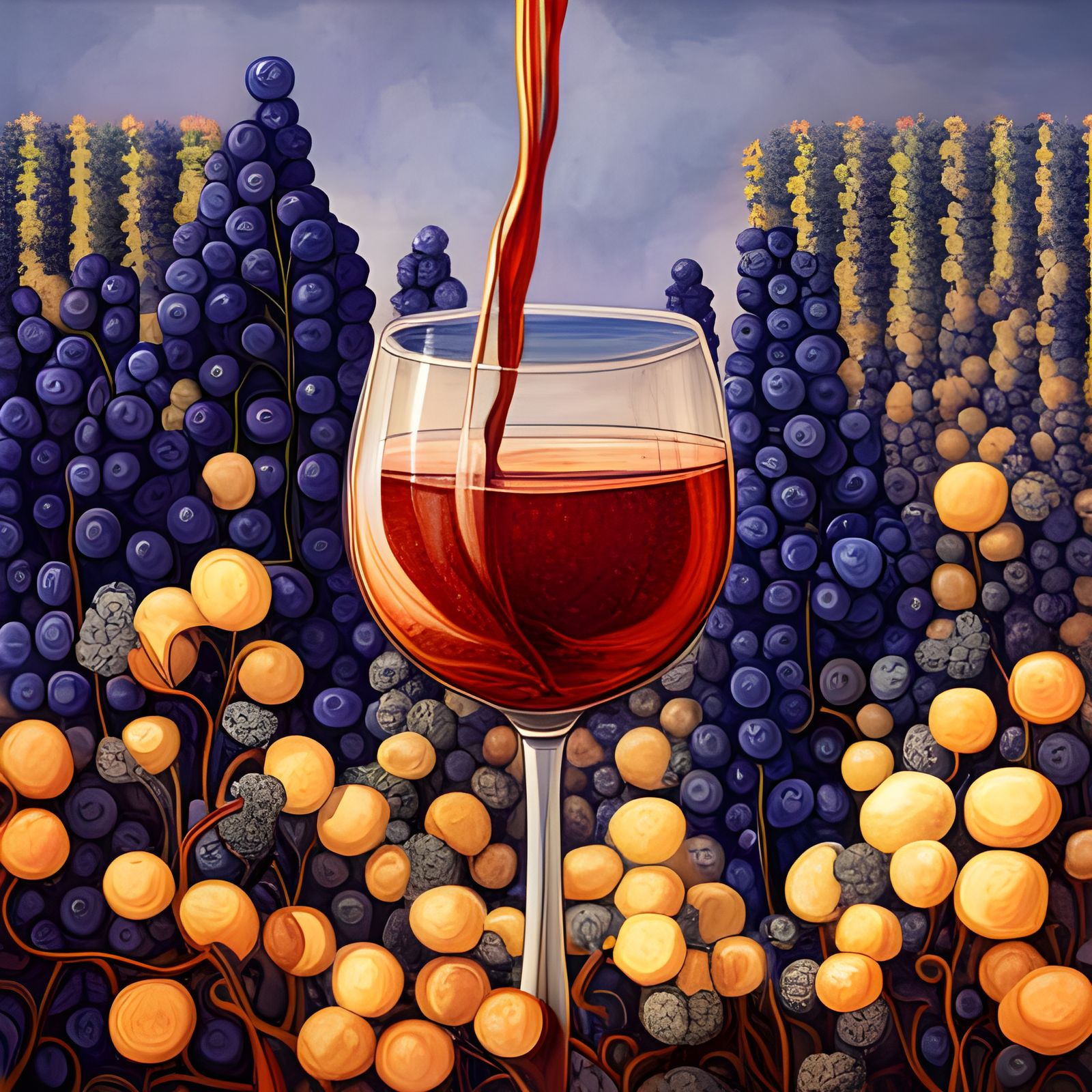 Wine Glass Overlooking Hyperrealistic Raisin Fields