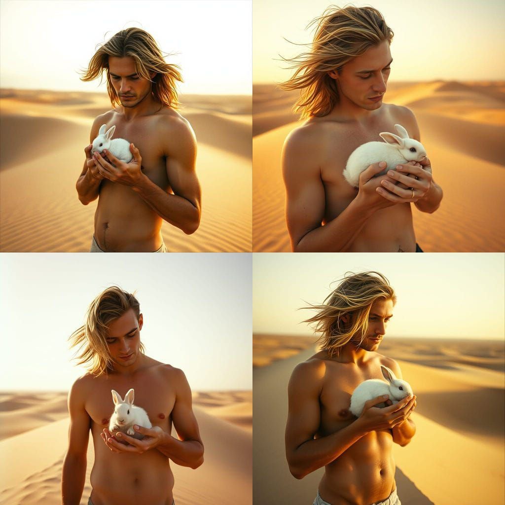 Man and Bunny in Windswept Dune Landscape