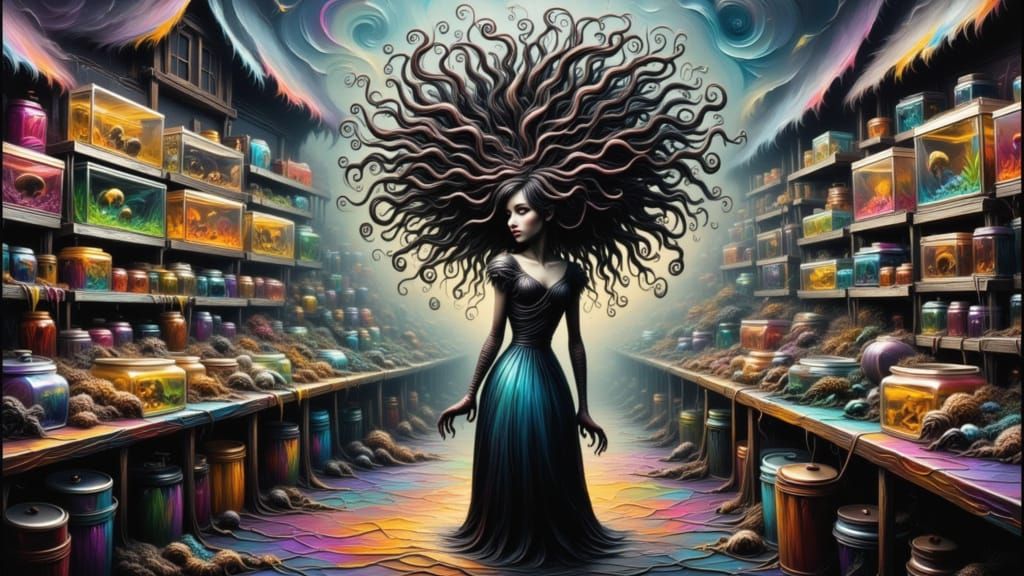 Medusa in a Vibrant Pet Store, Surreal Street Art Style