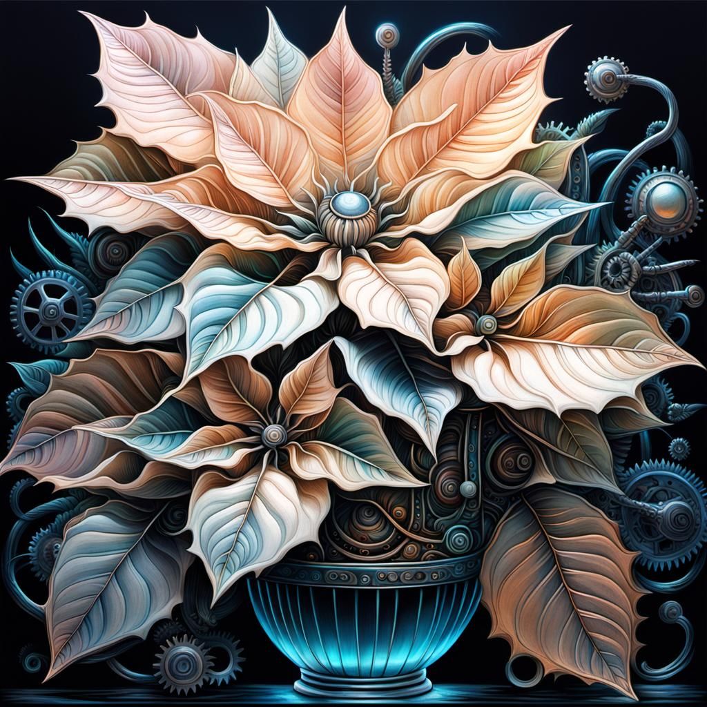 Cybernetic Poinsettia Blooms in Futuristic Vase