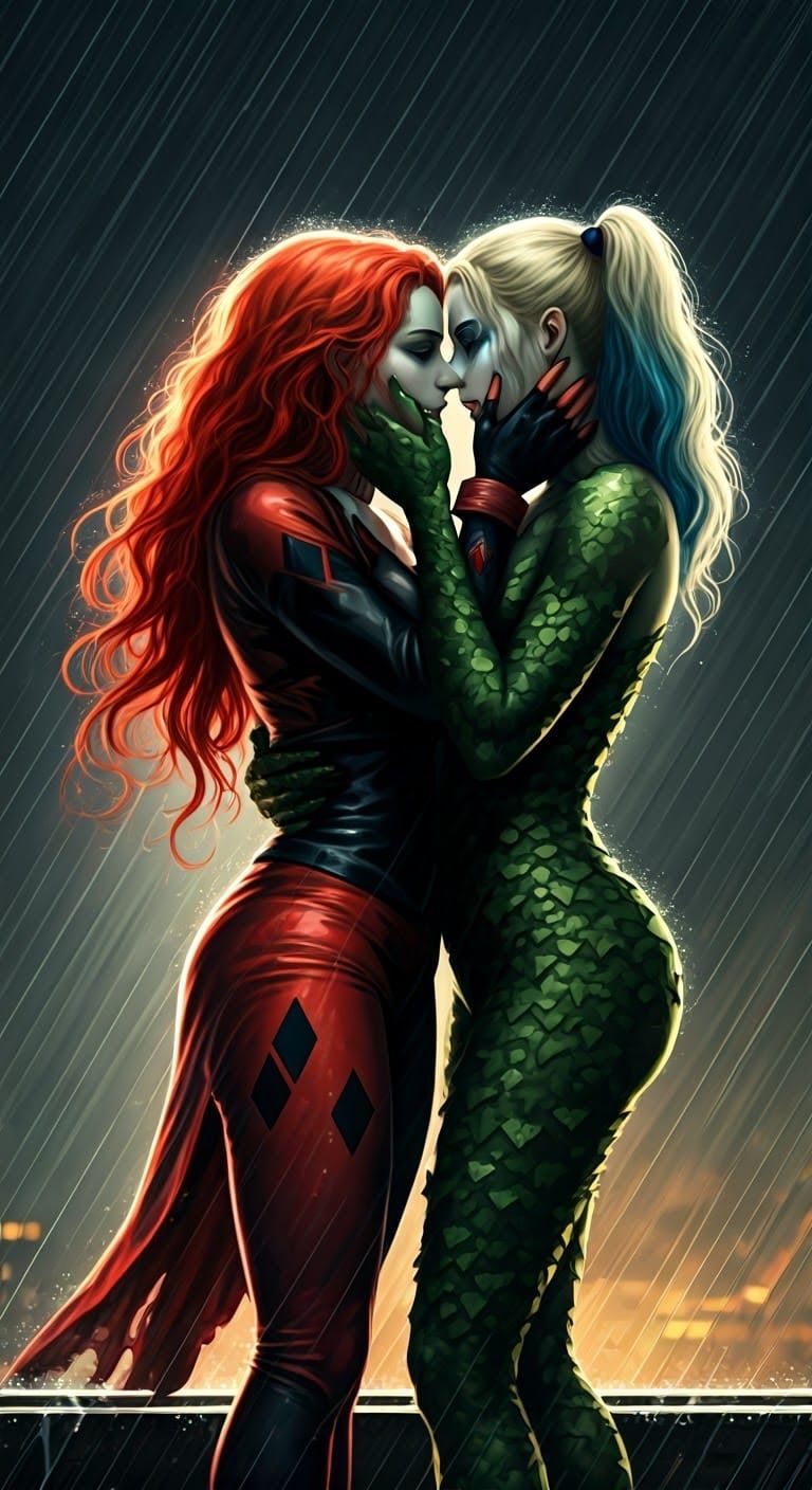 Harley Quinn and Poison Ivy Rooftop Embrace