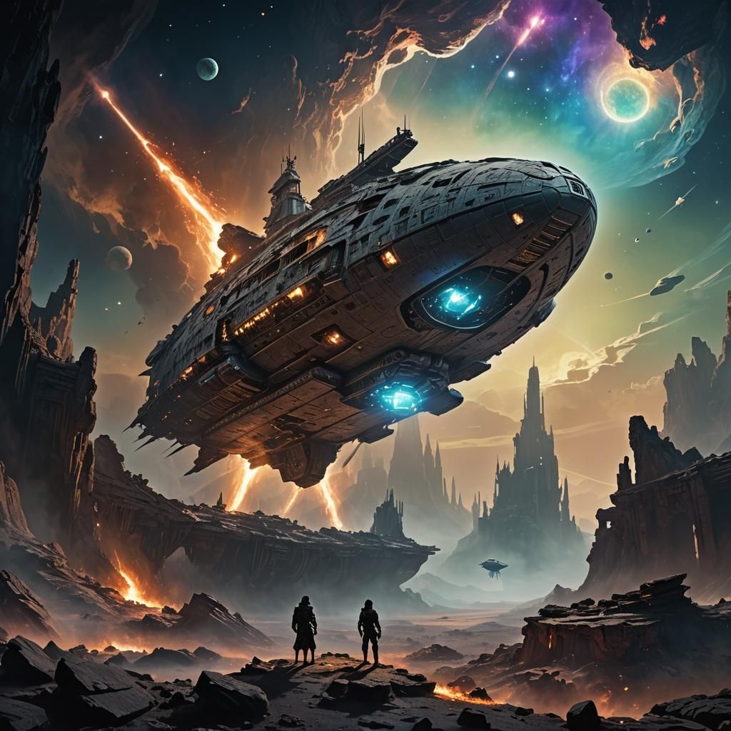 Ethereal Spaceship Over Smoldering Planet, Fantasy Art
