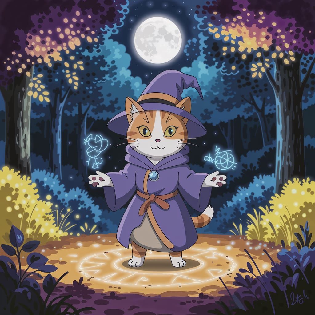 Confident Wizard Cat in Enchanting Anime Forest