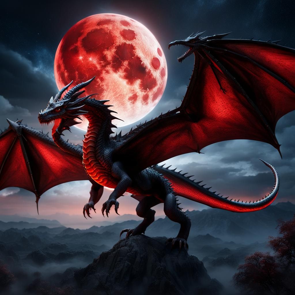 Dragon in Flight with Cross Under Blood Moon