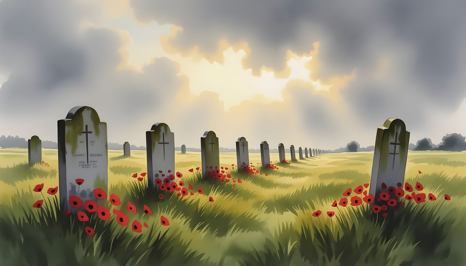 Gravestones in a French Field with Poppies