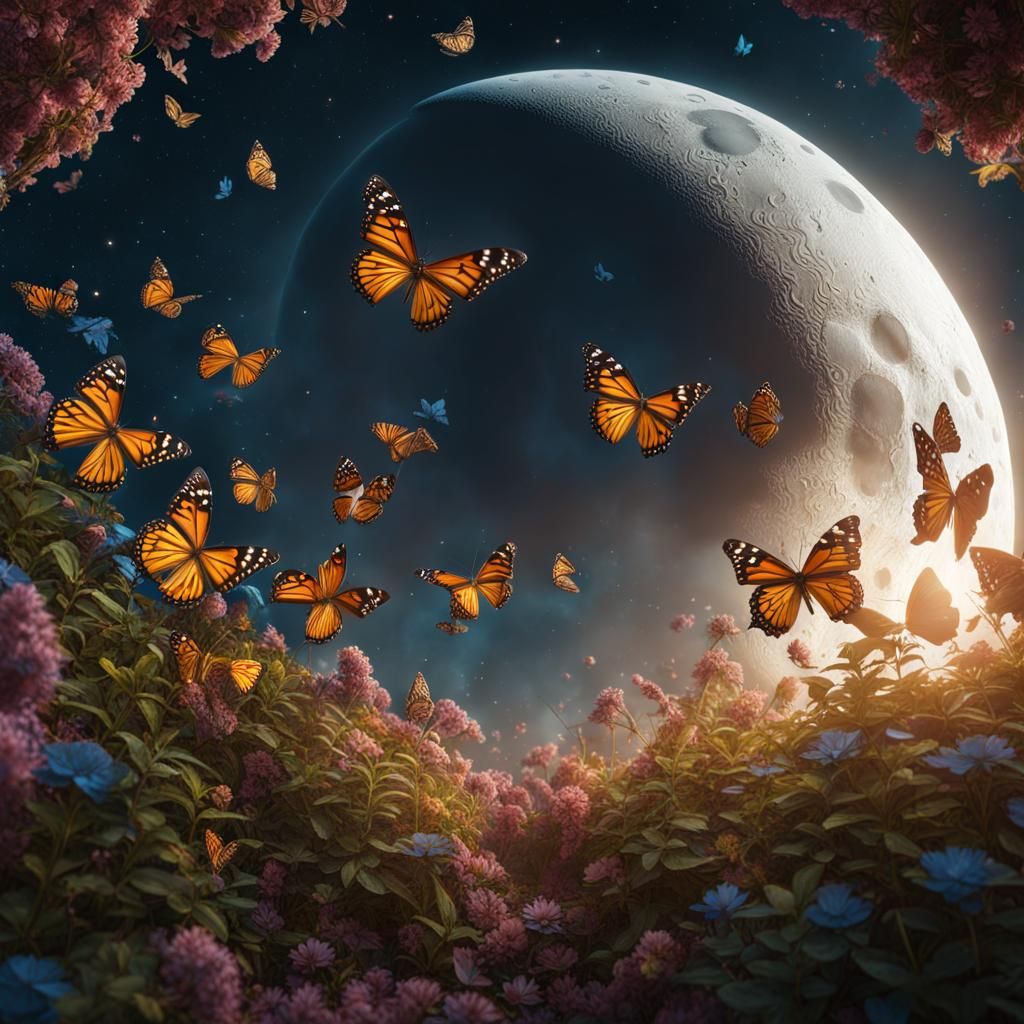Fantastical Moon Shot Abundant with Butterflies