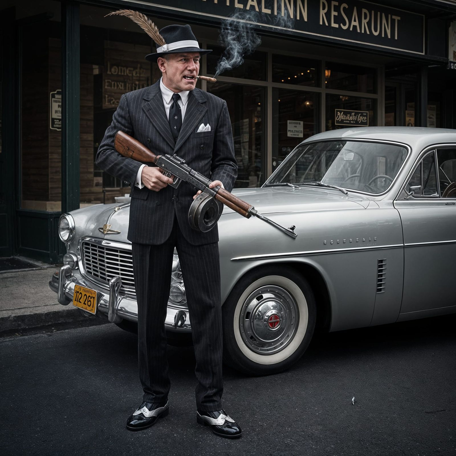 1950s Gangster with Thompson Submachine Gun