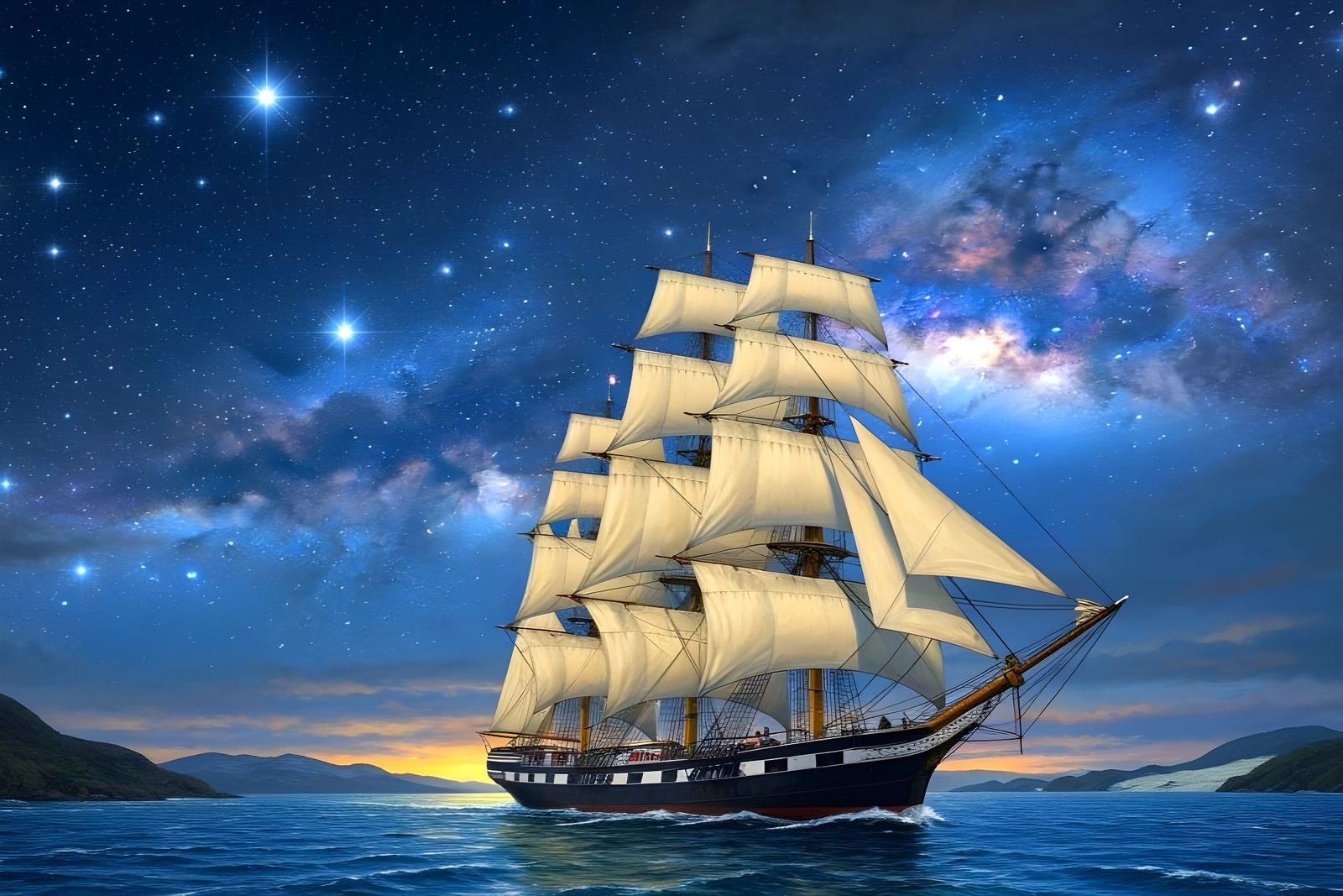 Clipper Ship Sailing Milky Way Under Starry Sky