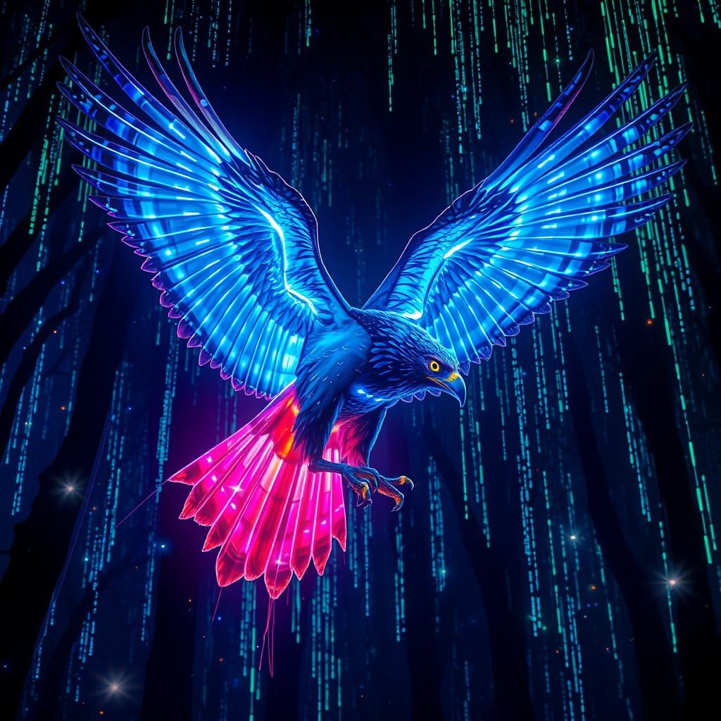 Cyberpunk Bioluminescent Hawk in Neon Grove