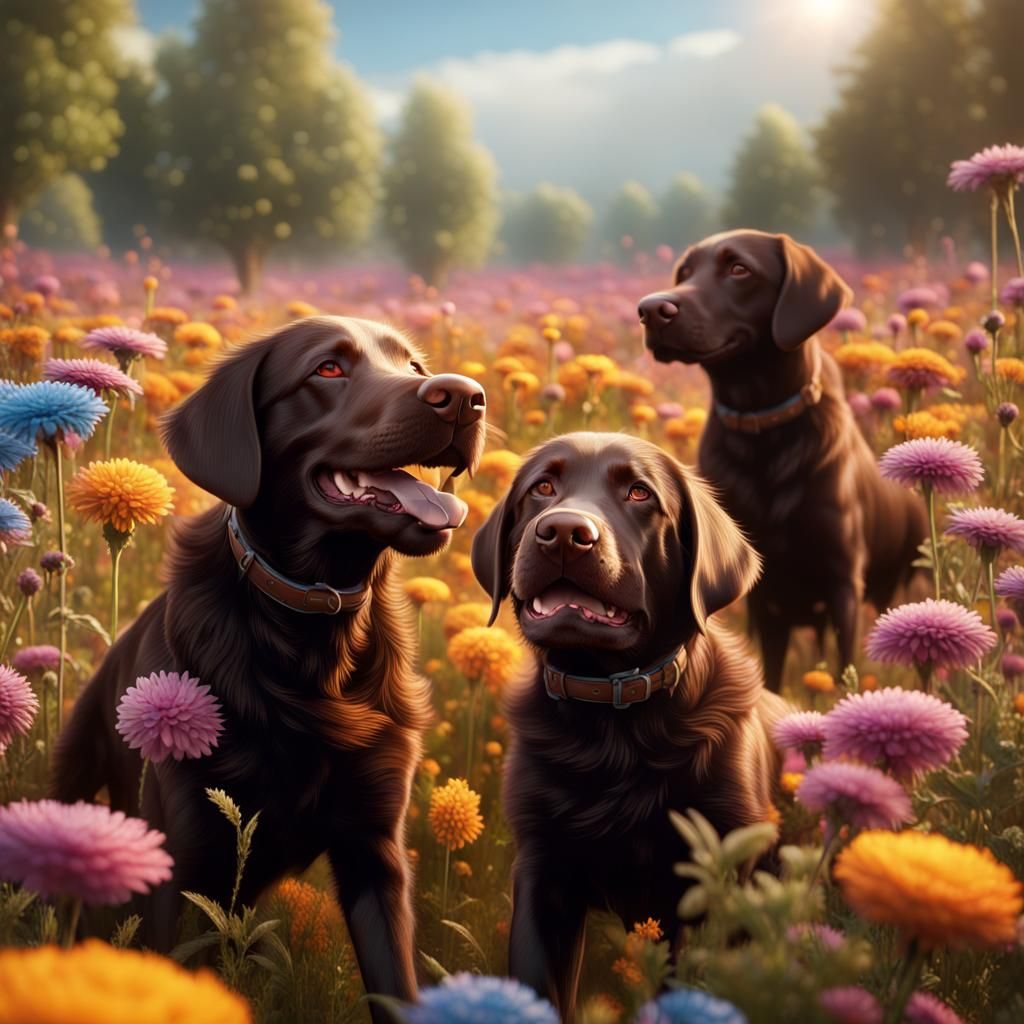 Chocolate Labradors Playing in Colorful Flower Field