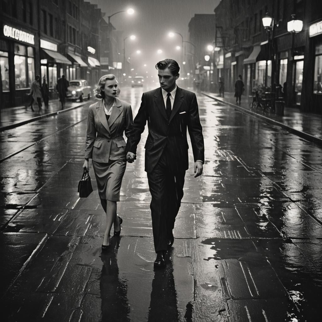 Film Noir: Lovers Walking in Rainy City Street