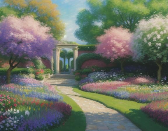 Impressionist Garden Path with Fountain in Vivid Colors