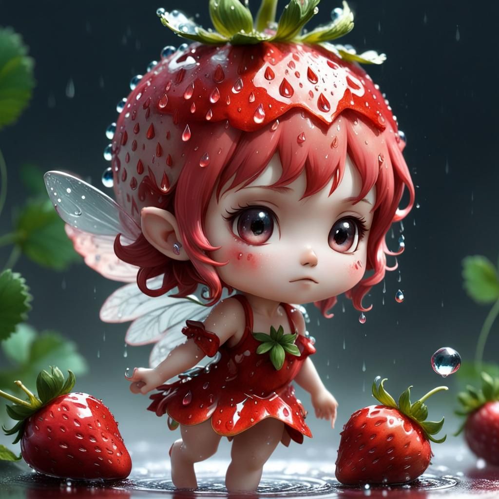 Whimsical Chibi Strawberry Fairy with Water Droplets