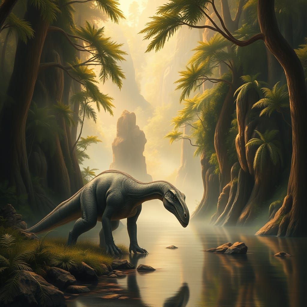 Dinosaur in Prehistoric Forest Oil Painting