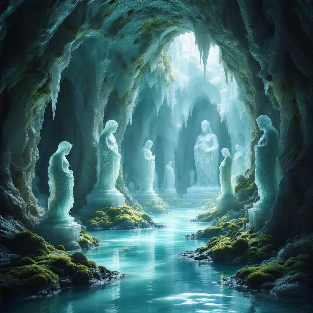 Ethereal Cavern of Water Sculptures and Luminescent Moss