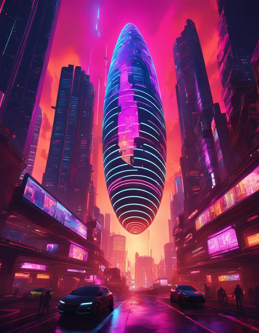 Neon Easter Egg Skyscraper Dominates Cyberpunk Cityscape