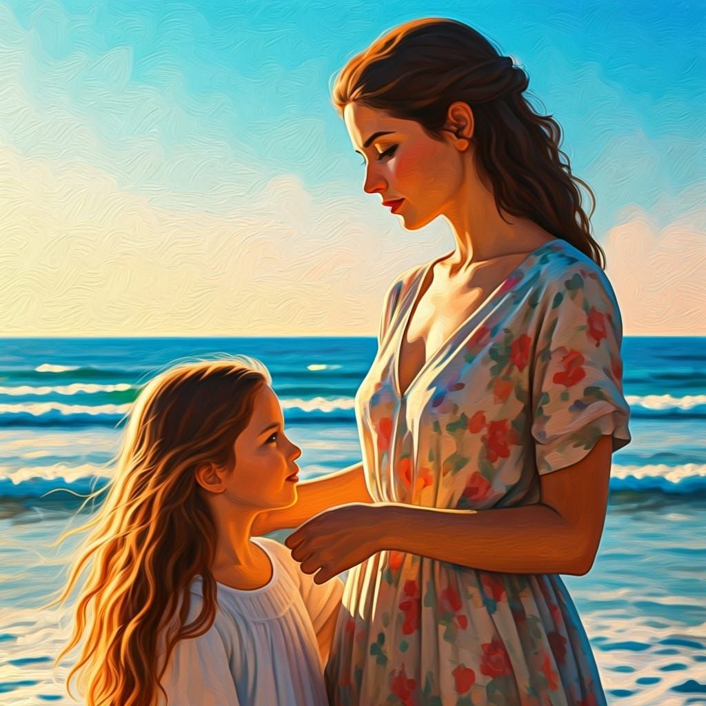 Mother and Daughter on Beach in Impressionist Style