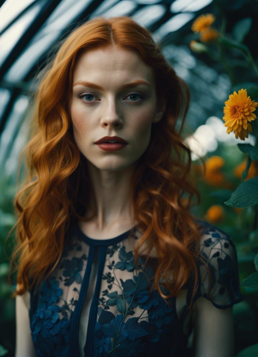 Ginger Woman in Greenhouse: Hyperrealistic Close-Up