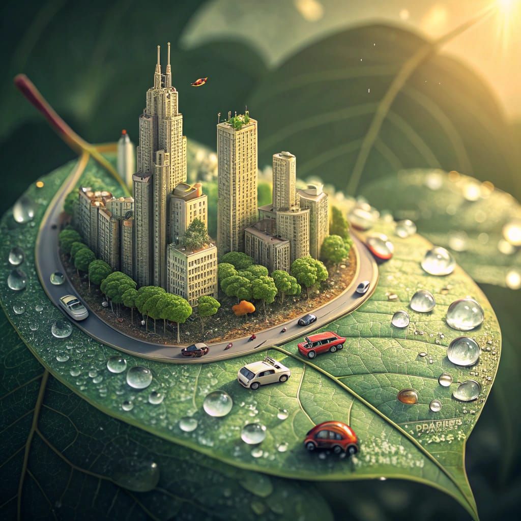 Vibrant Green Leaf Metropolis: A Shimmering City of Dewdrops...