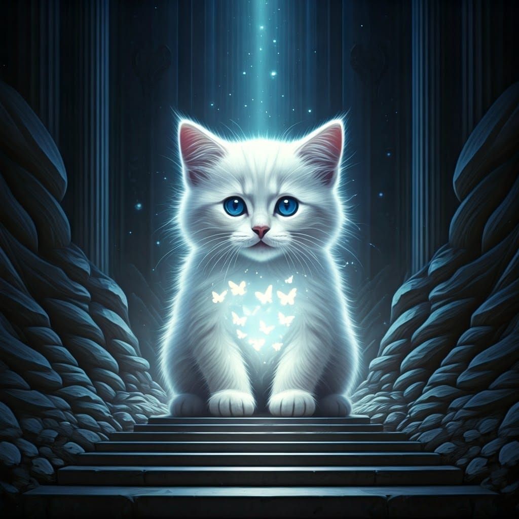 Glowing White Kitten Reveals White Butterflies