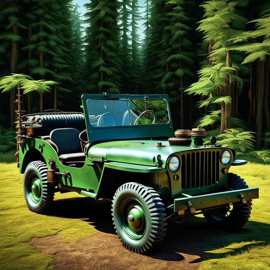 Rustic 1945 Willys Jeep with Steampunk Engine