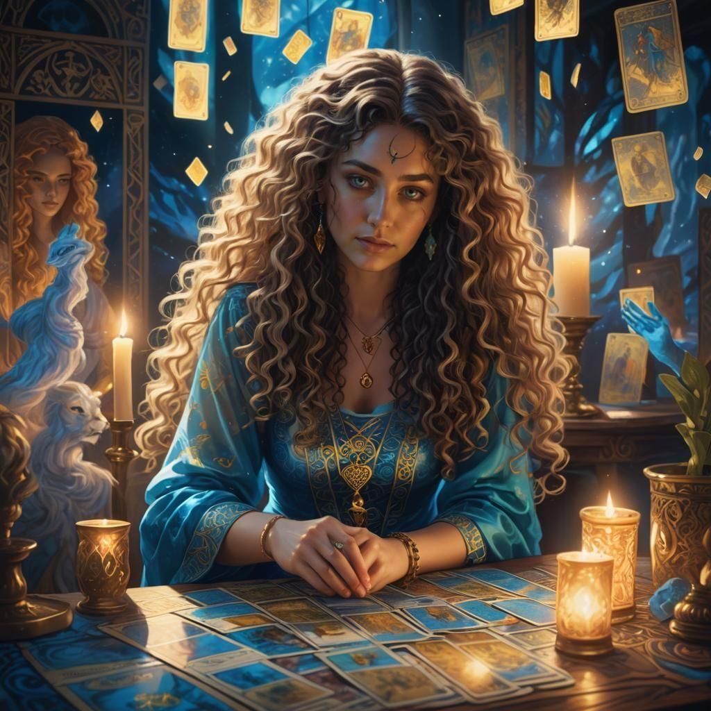 Tarot Card Reader in Fluorescent Blue Dress