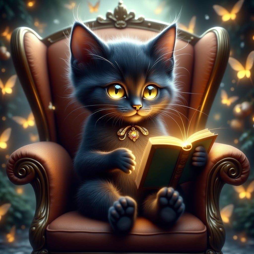 Black Kitten Reading in Whimsical Library