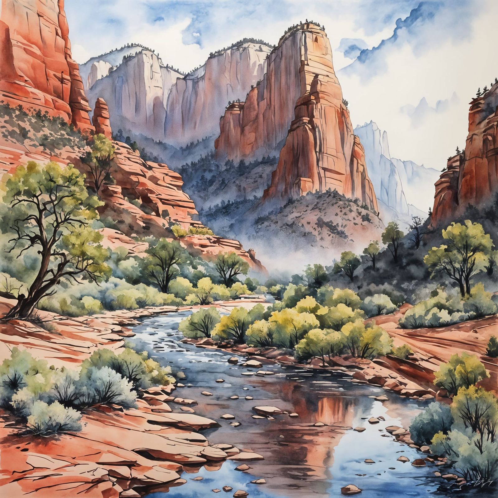 Zion National Park Dawn in Watercolor Style