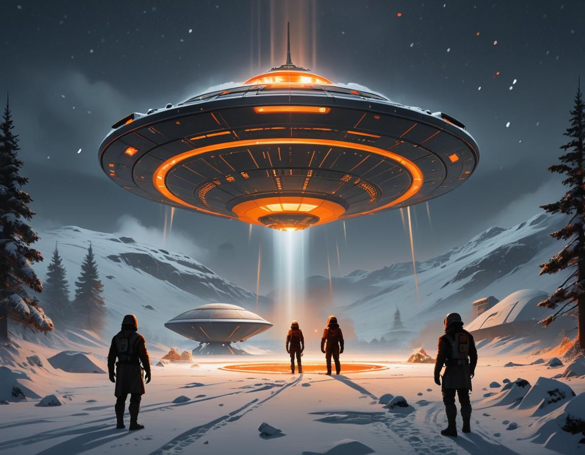 UFO Hovers Over Snowy Landscape: Sci-Fi Digital Art