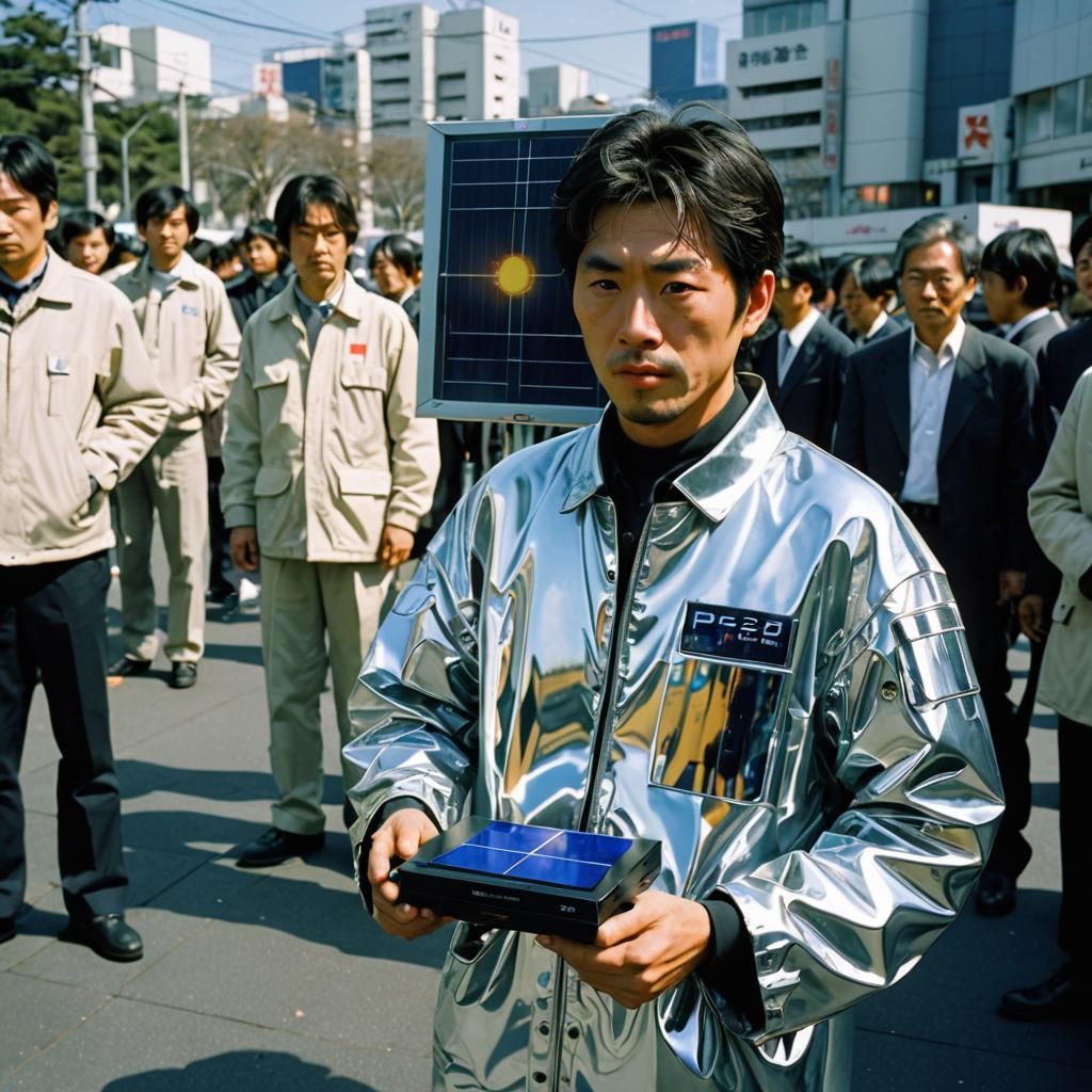 Futuristic Japanese Man with PS2 and Solar Panel