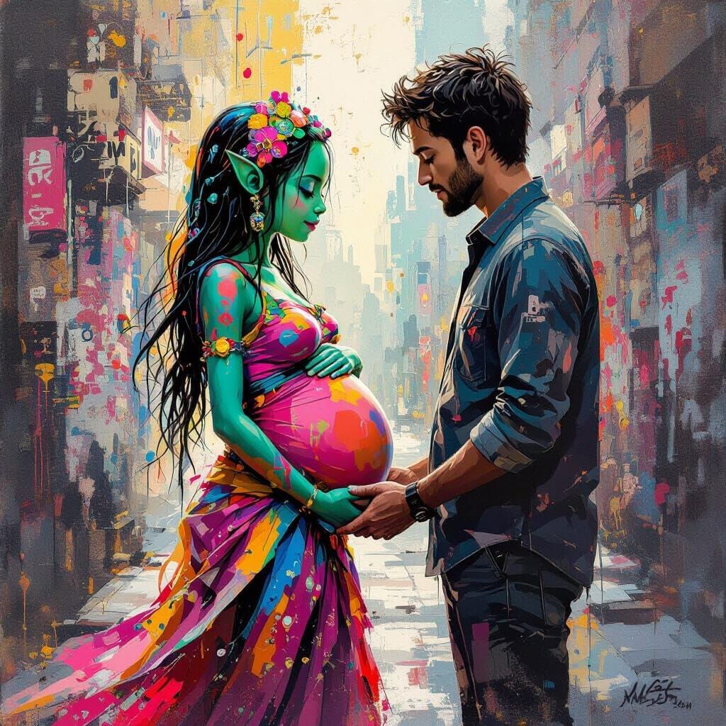 Interracial Couple Embrace in Graffiti Street Art