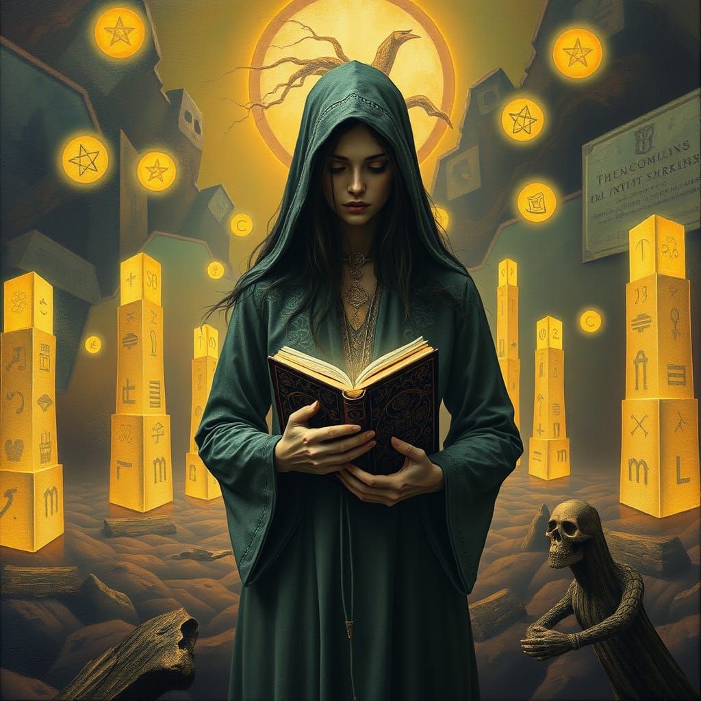 Necromancer in Dreamlike Landscape as Oil Painting