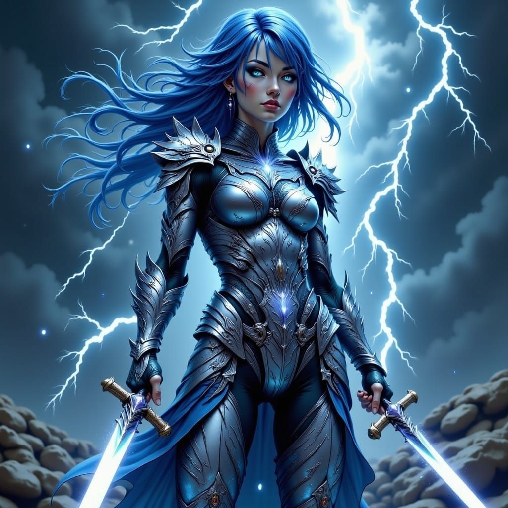 Powerful Cyberpunk Warrior Amidst Electric Storm